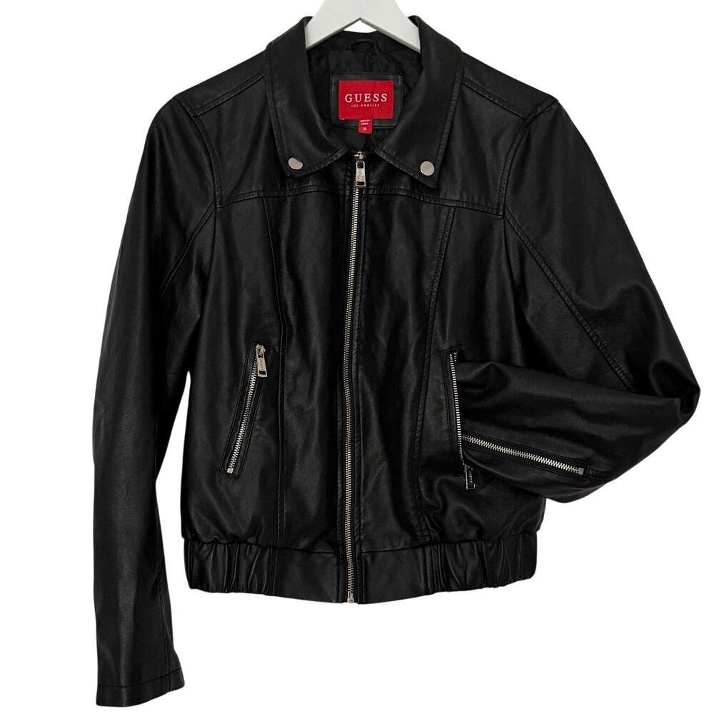 GUESS Black Faux Leather Moto Jacket Zip Detail Bomber